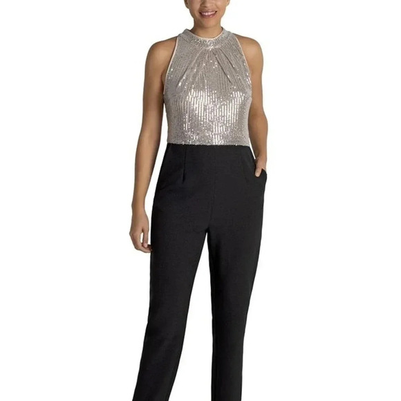 Julia Jordan Sequin Bodice Jumpsuit Sparkle Pants Romper Sequinned Halter Black - Picture 1 of 9